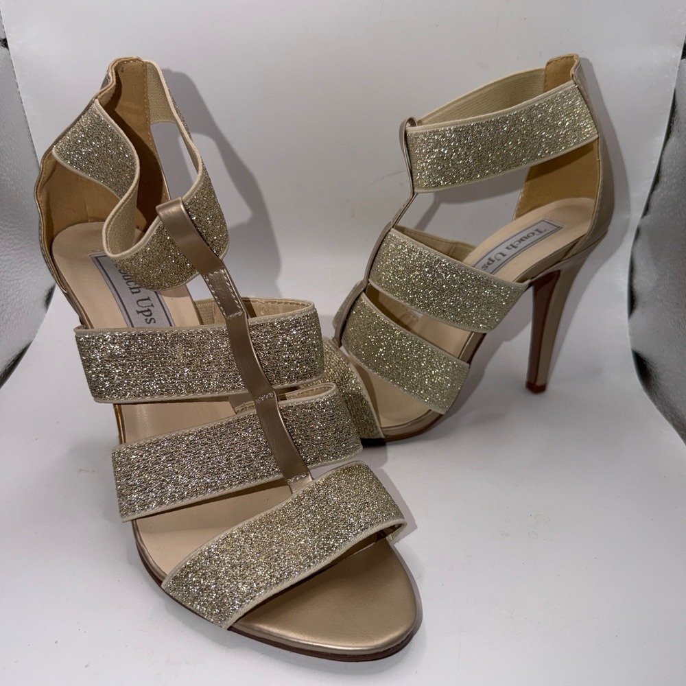 Touch Ups 9M Gold Glitter Strappy Stiletto Sandals Prom Wedding Formal Sparkly